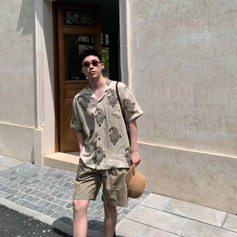 今めかしい 心地よい  今めかしい 半袖Yプルオーバー メンズ  KARTIK 自家製 アメリカン レトロ 100 リネン 刷り上げる 半袖 プルオーバー メンズ キューバ共和国 色つや 心地よい