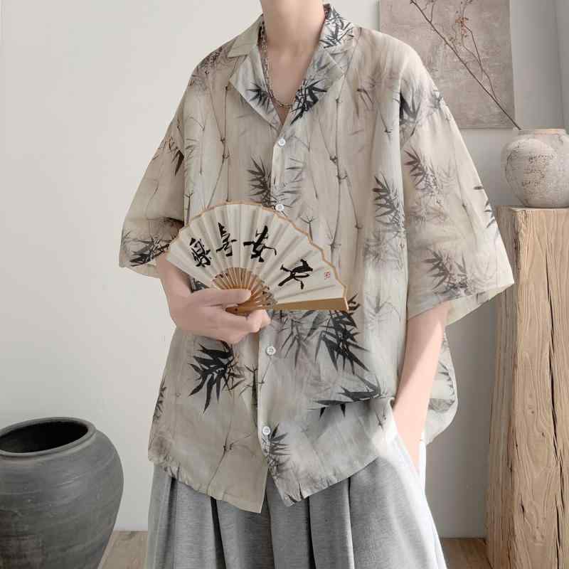 スタイリッシュ カジュアル おしゃれ レトロ 半袖シャツ　メンズ　花柄 チャイナ風 綿 麻の 竹の 半袖 シャツ メンズ 夏の 薄手 速乾 冷感 キューバ カラー ジャケット