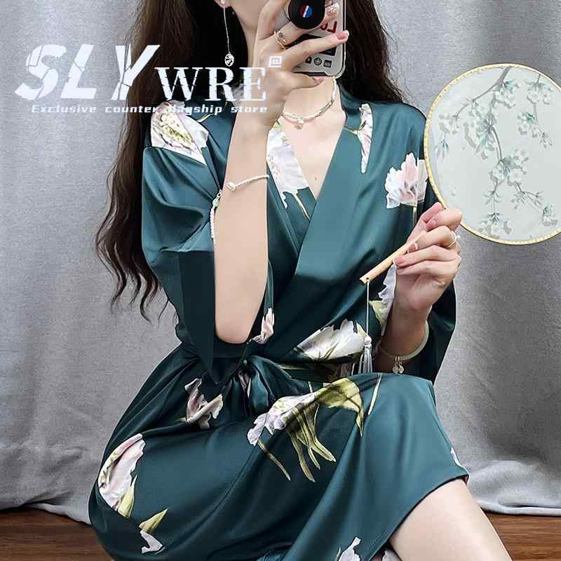 着るバスタオル 涼しい カワイイ バスドレス バスローブ　レディース SLY WRE 冷感 ナイトガウン レディース パジャマ 薄型 ミディアム 丈 ロング プリント ダーク グリーン モーニング ローブ セクシー バスローブ｜バランスケア　店