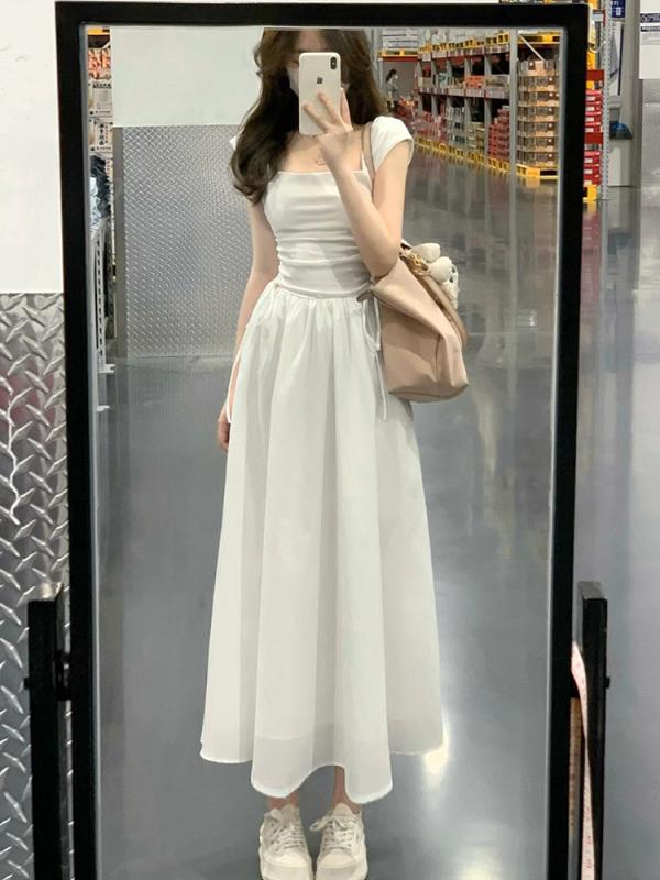 きれいめ 体型カバー 上品 かわいい レディース ワンピース かわいい 女性用 ホワイト ドレス 2025夏 ティーブレイク フレンチスタイル 小さい サイズ ハイエンド スリム ウエスト サスペンダー ロング スカート｜バランスケア　店