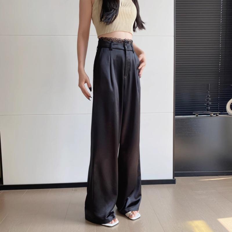 大きいサイズ 脚長効果 オフィスカジュアル パンツ レディース ワイドパンツ アセテート サテン ワイド レッグ パンツ レディース レース ステッチ カジュアル ドレープ スーツ ストレート シカモア モ ッピング ロング