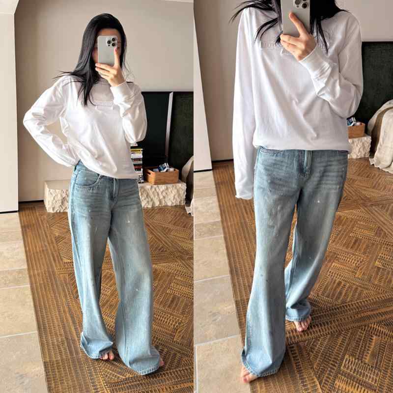カジュアル おしゃれ デニム ワイドデニム ワイドパンツ ジーンズ ダーティーは とっても とても 柔らかくて ドレープ 感の ある 古風 ペンキの 染みが ついた ジーンズは 薄くて 通気性に 優れ 夏に ぴったりです 4|バランスケア 店