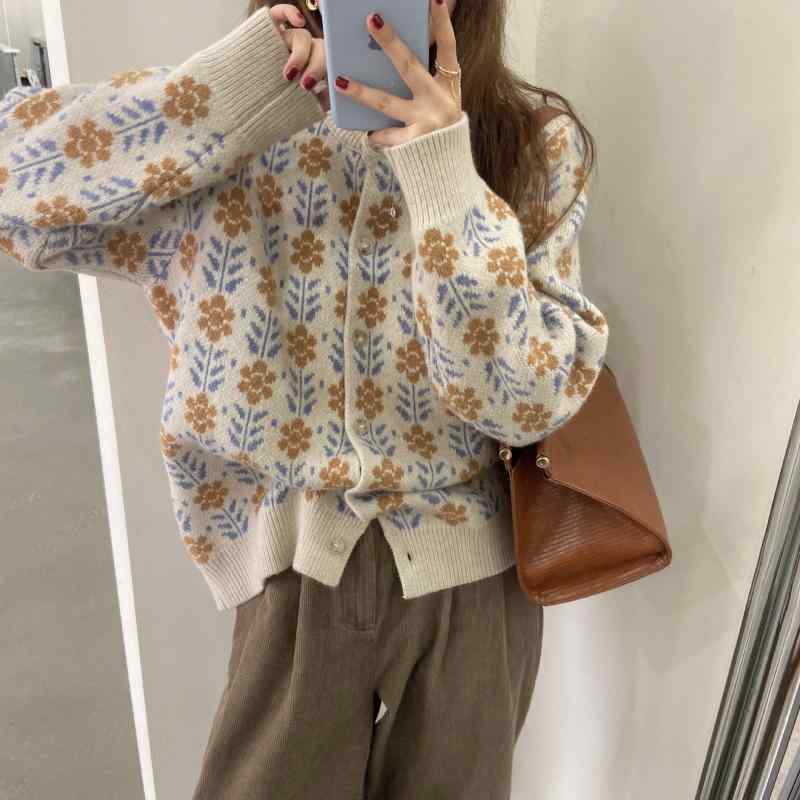 ニット カーディガン レディース 秋冬 小花柄 レトロ ゆったり 優しい スタイル ファッション トップス 暖か 柔らかい 素材 日常使い 軽量x2