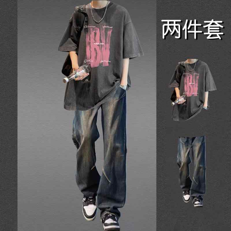 冷感 防シワ クール ひんやり 涼しい Tシャツ　メンズ　セットアップ アメリカ 半袖 Tシャツ メンズ サマー スーツ ボーイズ ワンセットと な ジーンズの ツーピース