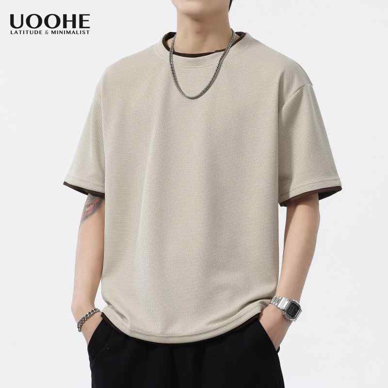 冷感 防シワ クール ひんやり 涼しい メンズ　Tシャツ　セットアップ UOOHE ワッフル フェイク ツーピース 半袖 Tシャツ メンズ 2025 夏 薄手 ゆったり トップス