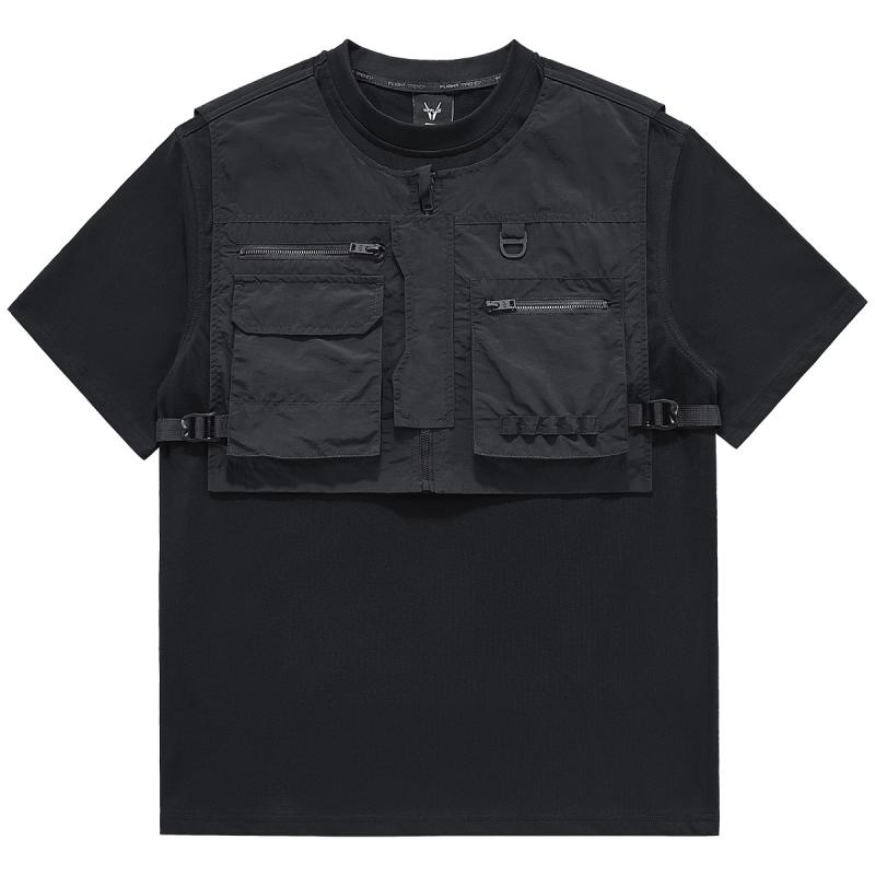 冷感 防シワ クール ひんやり 涼しい Tシャツ メンズ セットアップ VIP 機能性 風 スプライシング フェイク ツーピース 半袖 Tシャツ メンズ 夏の ファッション マルチ ポケット トップ