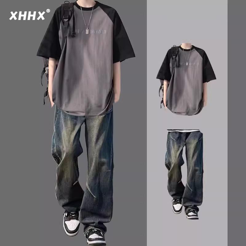 冷感 防シワ クール ひんやり 涼しい メンズ Tシャツ セットアップ アメリカン カラーマッチング 半袖 Tシャツ メンズ 夏 カジュアル 服 ジーンズと な スーツ 完全な セット