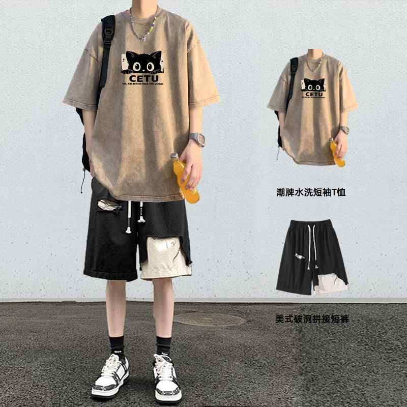 冷感 防シワ クール ひんやり 涼しい メンズ　Tシャツ　セットアップ アメリカ製の ウォッシュ 加工 半袖 Tシャツ メンズ 夏 インな 男の子 服 マッチングな 夏服 スーツ
