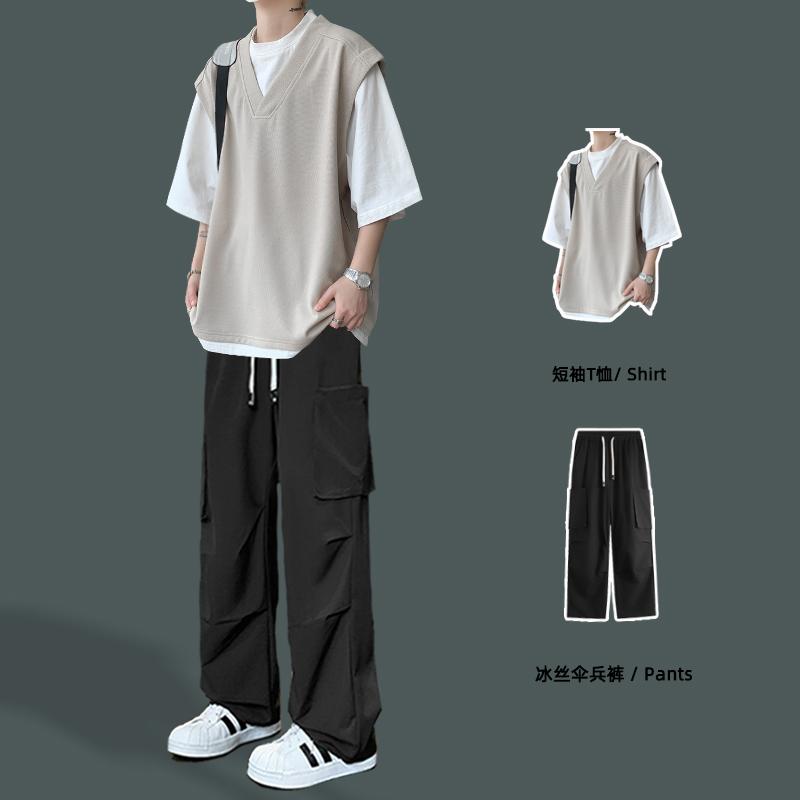 冷感 防シワ クール ひんやり 涼しい メンズ　Tシャツ　セットアップ フェイク ツーピース 半袖 Tシャツ メンズ 夏 着用な スーツ 4,536円