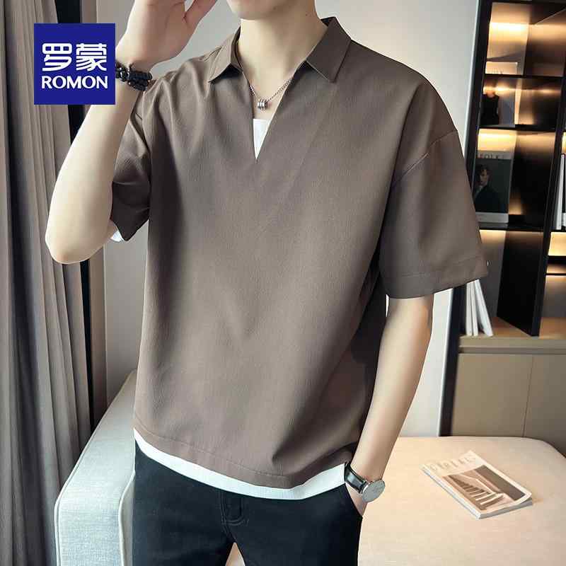 冷感 防シワ クール ひんやり 涼しい メンズ　Tシャツ　セットアップ ロモン メンズ フェイク ツーピース 半袖 Tシャツ 夏 薄手 冷感 Vネック ポロシャツ ビジネス カジュアル トップ 付き