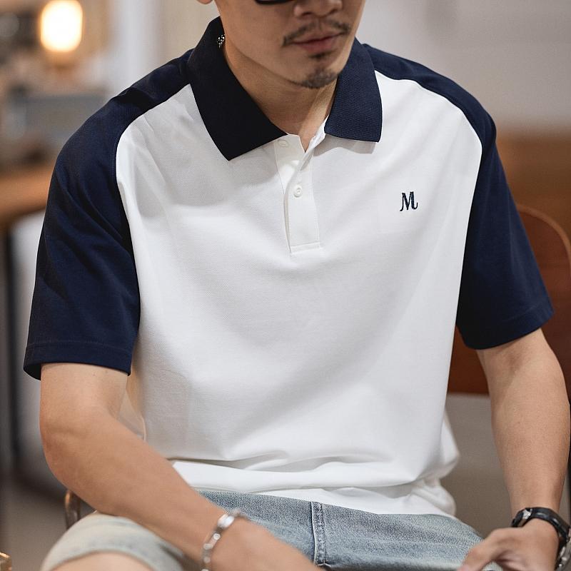 冷感 防シワ クール ひんやり 涼しい メンズ　Tシャツ　セットアップ 2025夏 メンズ 半袖 ポロシャツ スプライシング ラグランスリーブ カジュアル トップス 刺繍 ハーフスリーブ