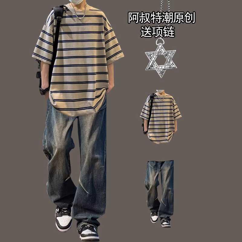 冷感 防シワ クール ひんやり 涼しい Tシャツ　メンズ　セットアップ アメリカ レトロ ストライプの 半袖 Tシャツ スーツ メンズ 夏の 服 な 完全な セット