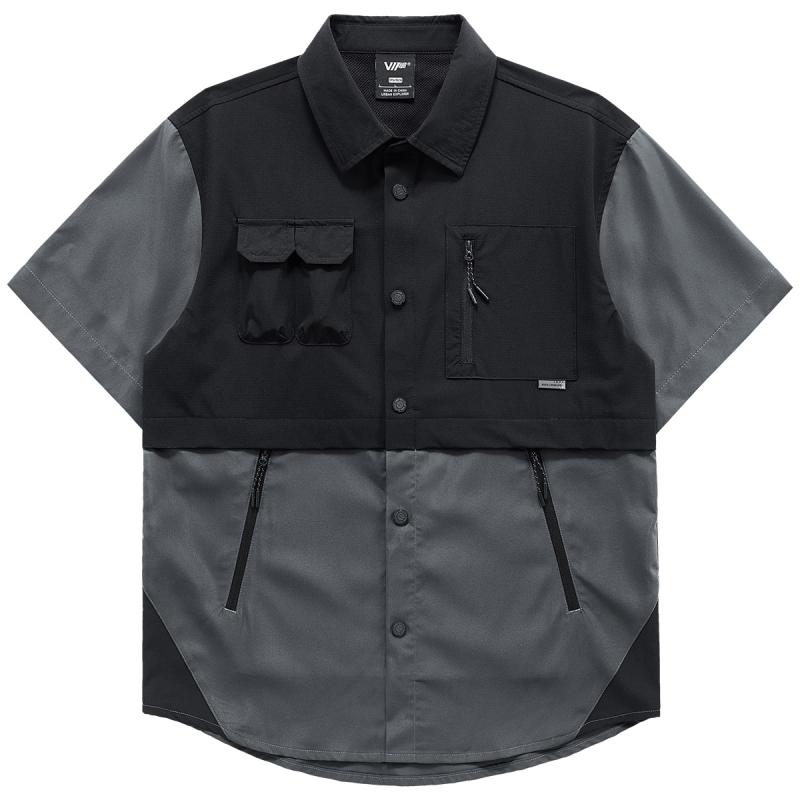 冷感 防シワ クール ひんやり 涼しい Tシャツ　メンズ　セットアップ 夏用 VIP フェイク ツーピース 半袖 シャツ 対照的な カラーの 機能的な マルチ ポケット ワークシャツ トップ