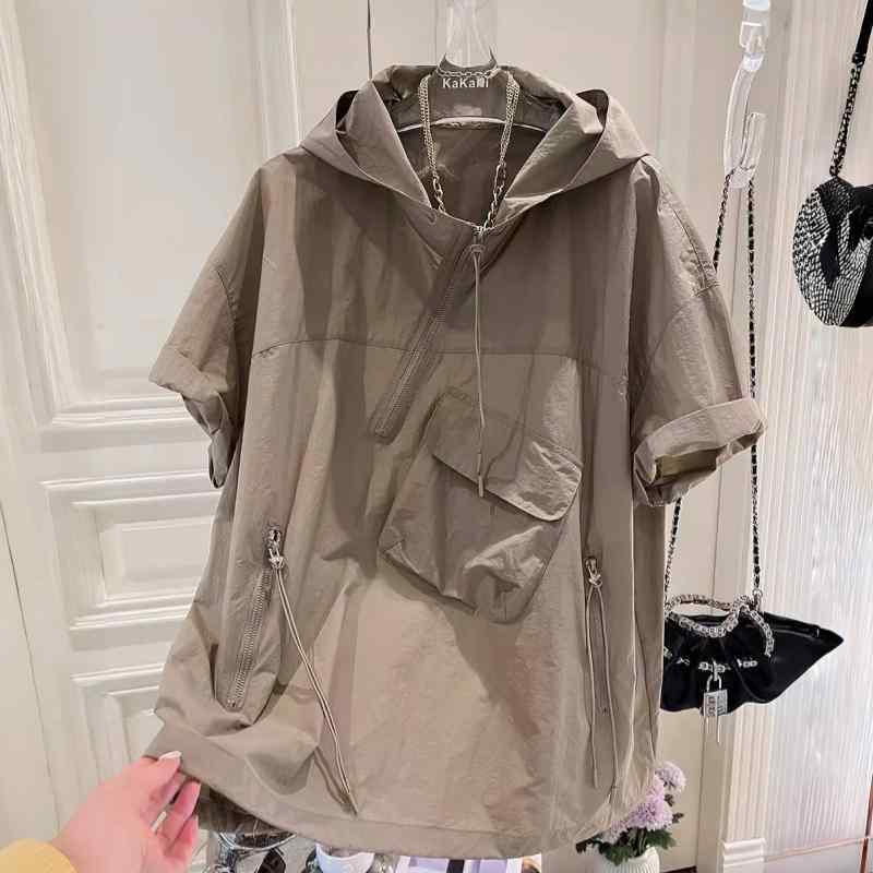 冷感 防シワ クール ひんやり 涼しい Tシャツ　メンズ　セットアップ ファッション フード付き 作業着 半袖 Tシャツ メンズ 大きいサイズ ハーフ ジップ 夏 薄手 ゆったり ストリート ジャケット