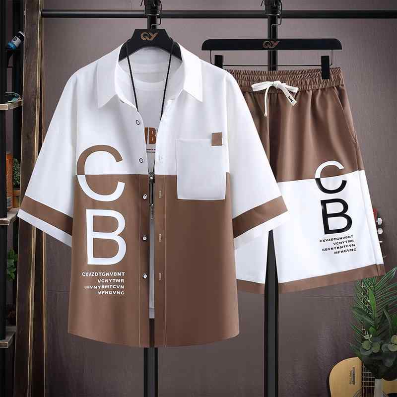 冷感 防シワ クール ひんやり 涼しい Tシャツ　メンズ　セットアップ 夏の 半袖 シャツ スーツ 男の子と ティーンエイジャー向け カラーマッチング 文字 プリント な ショート パンツ 2 ピース セット