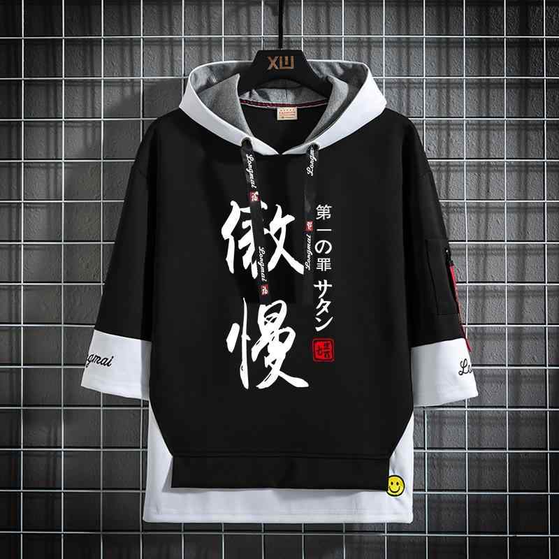 冷感 防シワ クール ひんやり 涼しい メンズ　Tシャツ　セットアップ 七つの大 罪 ファッション ゆったり 服 アニメ 周辺 テキスト 半袖 Tシャツ メンズ 夏 学生 フード付き