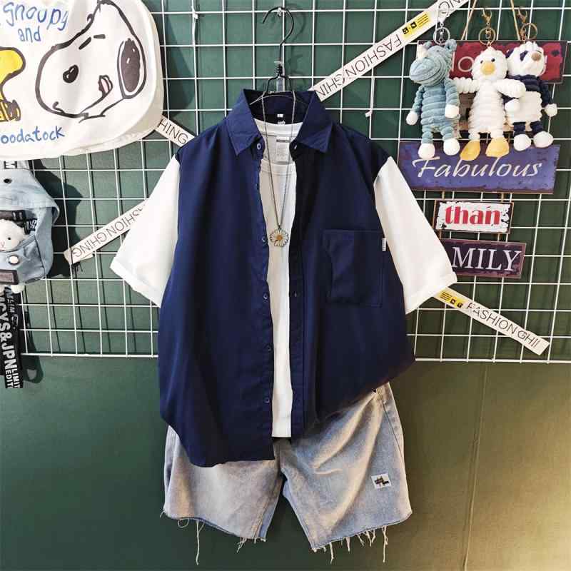 冷感 防シワ クール ひんやり 涼しい メンズ　Tシャツ　セットアップ の な ワークシャツ メンズ 半袖 ハイエンド ティーンエイジャー アメリカン レトロ シャツ スーツ 男性