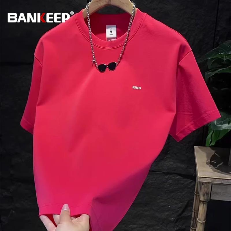冷感 防シワ クール ひんやり 涼しい メンズ　Tシャツ　セットアップ ファッション ローズレッド 半袖 Tシャツ メンズ 2025 夏の ハイエンド ラウンドネック トップ