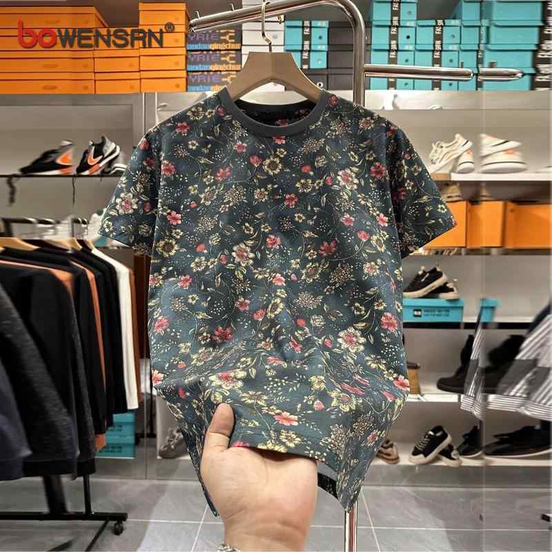 冷感 防シワ クール ひんやり 涼しい メンズ　Tシャツ　セットアップ チャイナ風 レトロ 花柄 半袖 Tシャツ メンズ 2025夏 トップス
