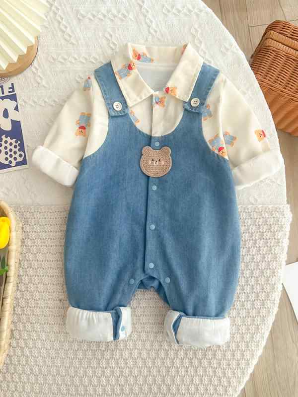 おしゃれ かわいい 子ども服 ルームウェア 部屋着 防寒 ベビー服　春秋 ベビー 服 男の子 ジャンプスーツ 春秋 ソフトデニム お出かけ サスペンダー フェイク ツーピース 春服 満月 ロンパース