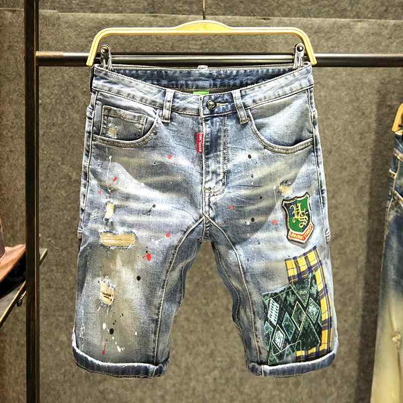 ダメージ加工 ゆったりシルエット ウォッシュ加工 デニム　ショートパンツ　メンズ メンズ リップ ド デニムショーツ 2024 夏 薄手 スリムフィットな イン 5 点 ミディアム パンツ ストレッチ 韓国 スプライシング