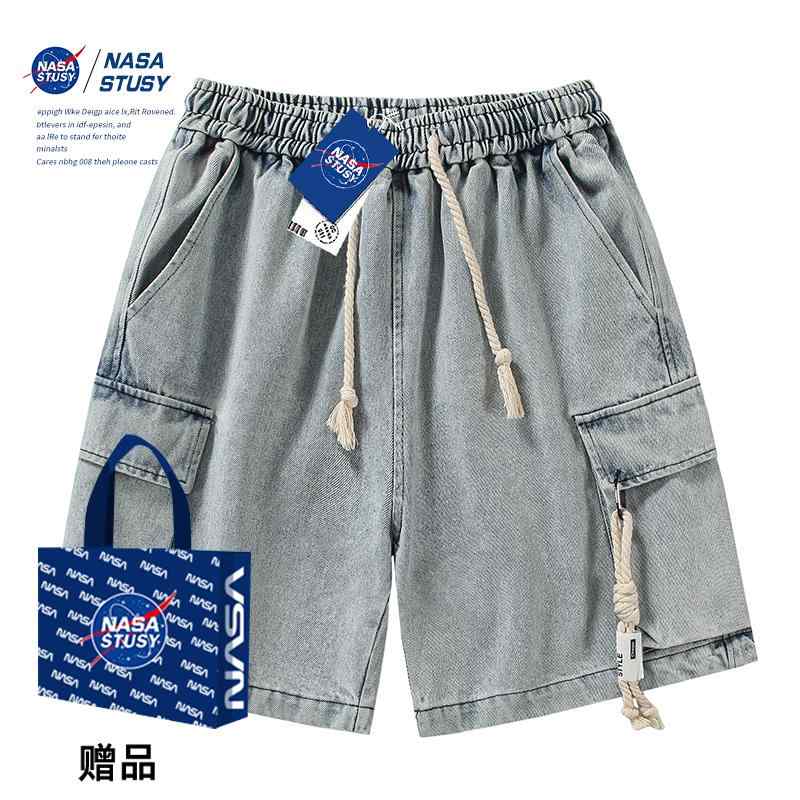 ダメージ加工 ゆったりシルエット ウォッシュ加工 デニム　ショートパンツ　メンズ NASA STUSY 夏用 メンズ 万能 ワークウェア デニム ショート パンツ アメリカン カジュアル ダメージ 加工