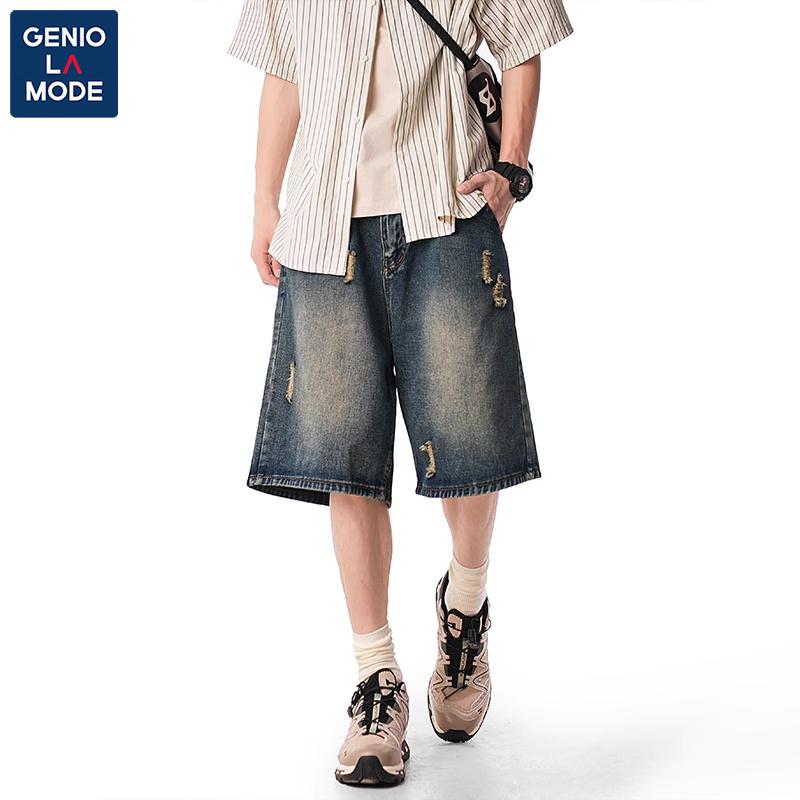ダメージ加工 ゆったりシルエット ウォッシュ加工 かっこいい デニム　ショートパンツ　メンズ GENIOLAMODE 5点 穴 デニムショートパンツ メンズ 2025年 アメリカン スクラッチ サマー ショート パンツ