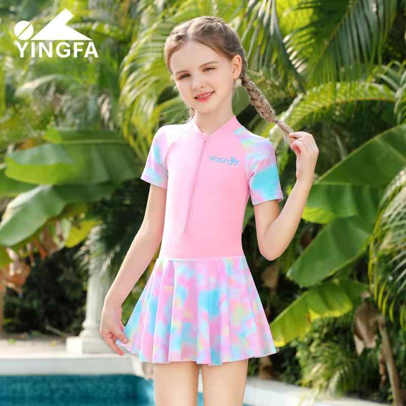 フリル スイムウェア キッズ 水遊び ラッシュガード 水着　子供用　かわいい Yingfa 子供用 水着 女の子 ワンピース 半袖 日焼け防止 中大 サイズ 海辺 休日 ドレス｜バランスケア　店
