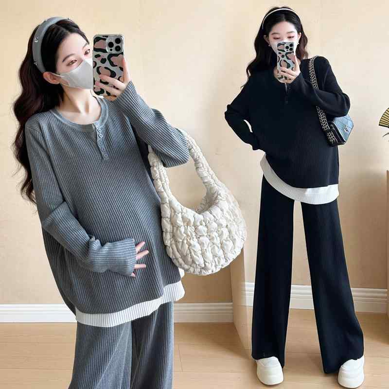マタニティ用 マタニティ服 産後ウェア マタニティウェア マタニティ　パンツ　レギンス 大きいサイズ マタニティ スーツ 2025 春 長袖 フェイク ツーピース トップスと パンツ スーツな ママ 200ポンド