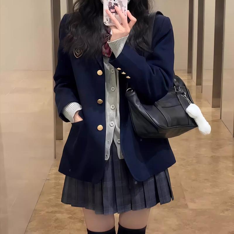 衣装 かわいい 仮装 セクシー レディース　制服　スーツ ダーク ブルーの スーツ ジャケット JK 制服 スカート 学校 用品 秋冬 カレッジ 3つ ボタン 女性用