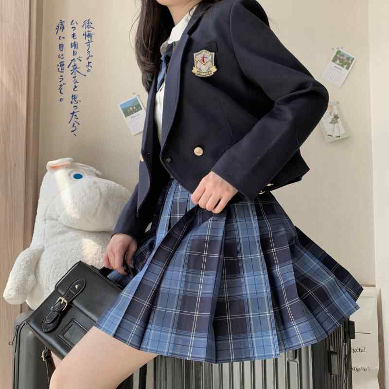 衣装 かわいい 仮装 セクシー レディース 制服 スーツ の JK 制服 セット スーツ 女子 フル 学校 バッジ ワン ボタン ダーク ブルー ジャケット ショート スタイル|バランスケア 店