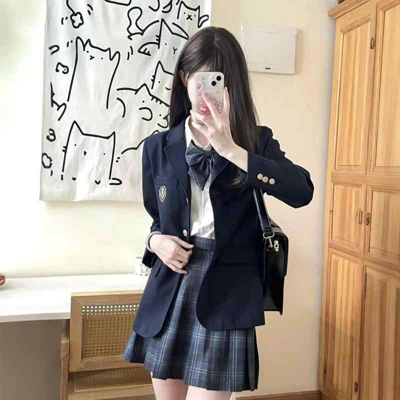 衣装 かわいい 仮装 セクシー レディース　制服　スーツ の JK 制服 スーツ ジャケット 女子 校 用品 センス カレッジ スタイル クラス 小さい サイズ ダーク ブルー チェック 柄 スカート 冬