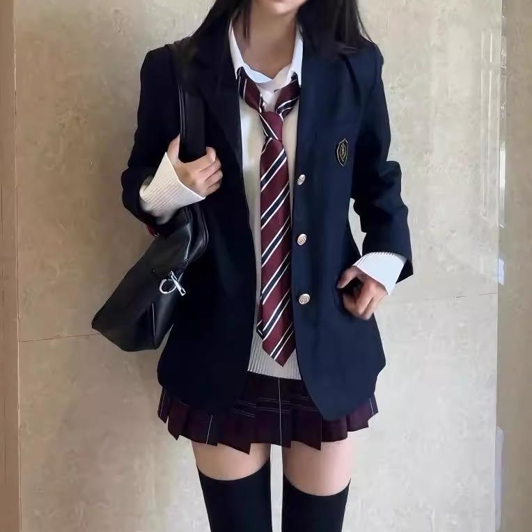 大人 コスチューム衣装 かわいい ハロウィン コスプレ仮装 レディース　制服　スーツ 学校 用品 センス JK 制服 スーツ ジャケット 女性 学生 カレッジ スタイル ダーク ブルー セット 秋冬