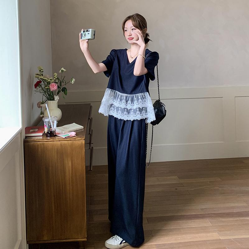 オシャレ カワイイ シンプル 大人カワイイ スーツ ツーピース レディース 女性用 ダーク ブルー カジュアル スーツ 2025夏 フィット レース スプライシング トップス& パンツ ツーピース|バランスケア 店