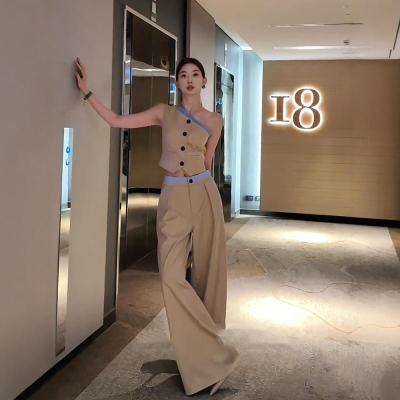 オシャレ カワイイ シンプル 大人カワイイ スーツ　ツーピース　レディース 夏の レディース 古風お 金の 衣装の 完全な セット スリム スプライス ウエストの ワイド レッグ カジュアル パンツと オフショルダーの トップス スーツ