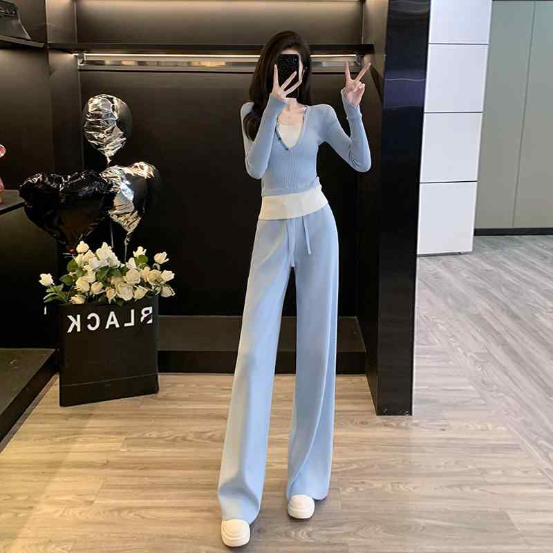 レディース ファッション オシャレ カワイイ シンプル ニット ツーピース レディース 女性用 ブルー スポーツ カジュアル スーツ 春の スリム＆ エイジング 効果 Vネック ニット ワイド レッグ パンツ ツーピース