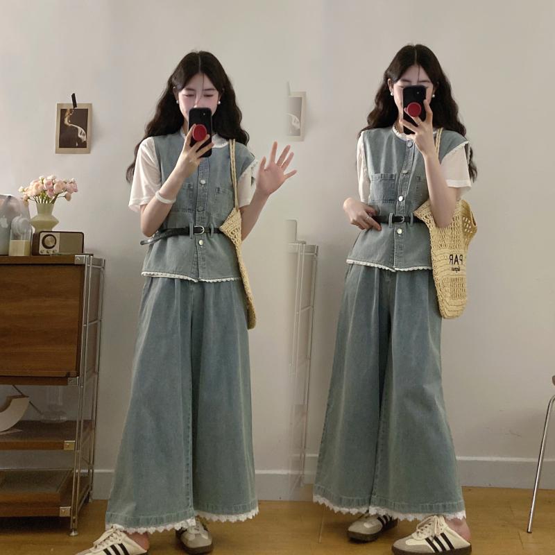 オシャレ カワイイ シンプル 大人カワイイ スーツ ツーピース レディース レトロ デニムベスト 半袖 Tシャツ ワイド レッグ パンツ スリーピーススーツ レディース 夏用 大きいサイズ ハイエンド ファッション スリム スーツ|バランスケア 店