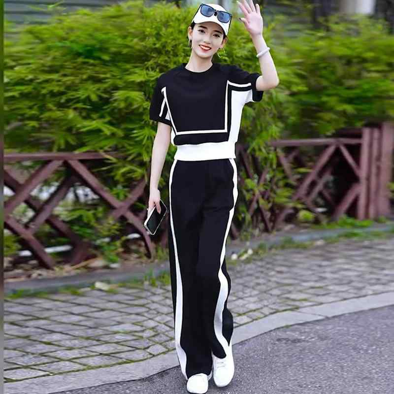 オシャレ カワイイ シンプル 大人カワイイ スーツ ツーピース レディース の ファッション カジュアル スポーツ スーツ 女性用 夏 2025 新型 ワイド レッグ パンツ 半袖 塩 ライン ツーピース|バランスケア 店
