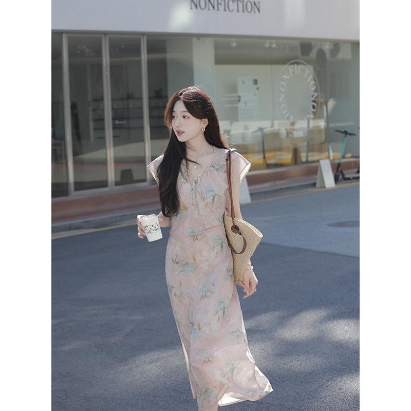 花柄 ゆったり きれいめ カジュアル 花柄　ドレス Xia Shiwen Vネックの スリムフィット レースアップ ドレス 夏の 女性用 フレンチ ティーブレイクの スリム 花柄 詩に ついて｜バランスケア　店