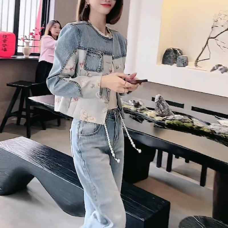 セットアップ 大人 上品 高級 おしゃれ デニム　スタイル　レディース　 の ファッション デニムスーツ 女性 秋 チャイナ風 長袖 ジャケット ストレート パンツ ツーピース スーツ｜バランスケア　店