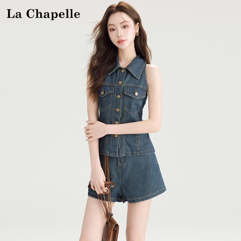 セットアップ 大人 上品 高級 おしゃれ デニム　スタイル　レディース　 La Chapelle 風 レトロ デニムシャツ スーツ レディース 夏 ノースリーブ トップス ハイウエスト ワイド レッグ ショーツ ツーピース｜バランスケア　店