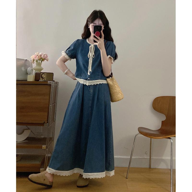 セットアップ 大人 上品 高級 おしゃれ デニム スタイル レディース  大きめ サイズ レディース 夏服 太った mmの 洋 ナシ型の 巨大な スリム ミルクの かわいい ストリート レースエッジ デニムスーツ スカートの フル セット