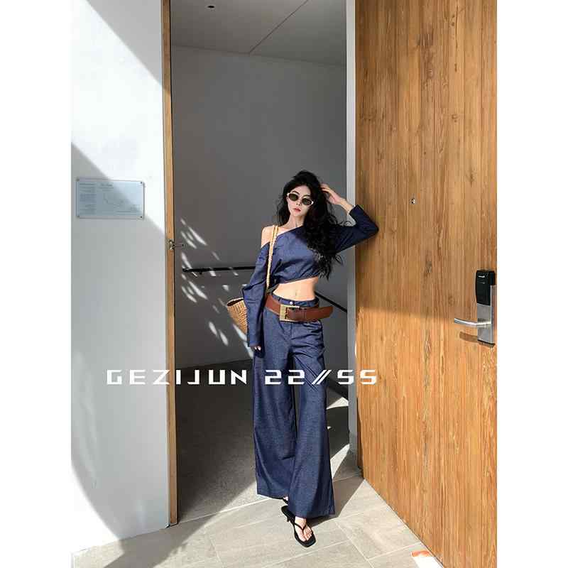 セットアップ 大人 上品 高級 おしゃれ デニム スタイル レディース  GeZiJun 斜め 肩 デニムスーツ 女性 春 背の 高さ レディース 服装 ツーピース スーツ