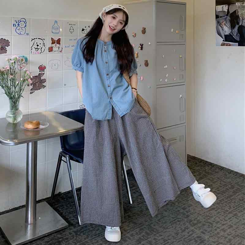 セットアップ 大人 上品 高級 おしゃれ デニム　スタイル　レディース　 大きめ サイズ 婦人服 2025 太め mm 韓国 シンプル レトロ 万能 半袖 デニムシャツ チェック 柄 ワイド レッグ パンツ スーツ｜バランスケア　店