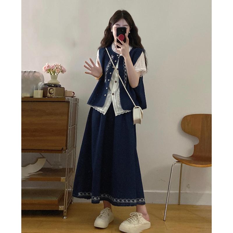 セットアップ 大人 上品 高級 おしゃれ デニム　スタイル　レディース　 大きめ サイズ レディース 春夏 マッチング mmの 洋 ナシ型の 巨大な スリム エスニックの デニム ベスト スリーピーススーツ スカートの 完全な セット