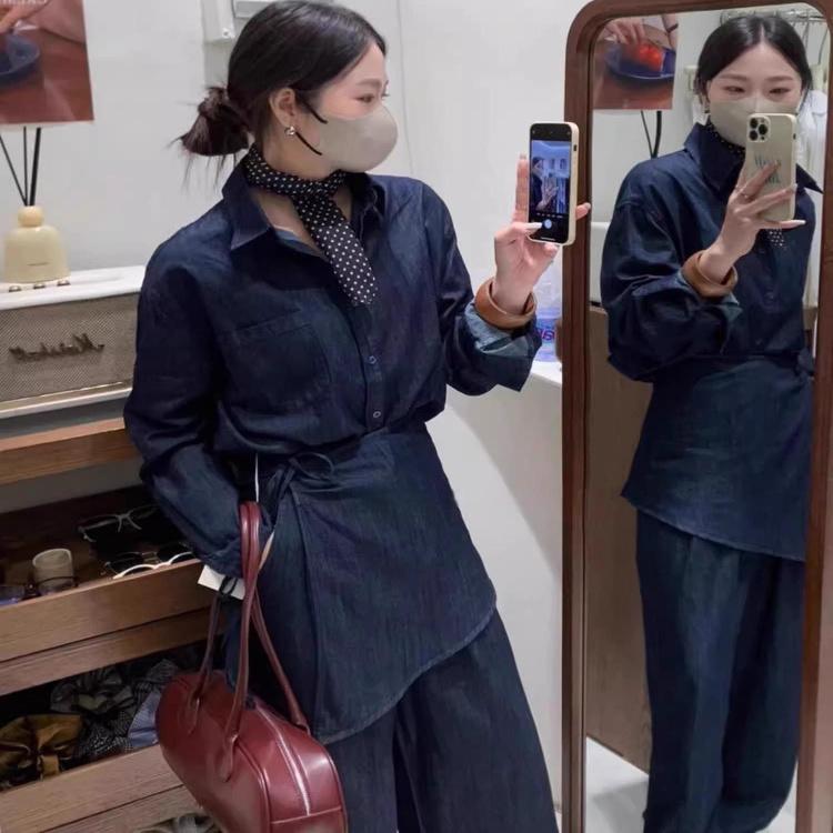 セットアップ 大人 上品 高級 おしゃれ デニム　スタイル　レディース　 の 高級 ファッション レトロ デニムシャツ スーツ 女性用 春夏 シック ウエスト ベルト ストレート パンツ