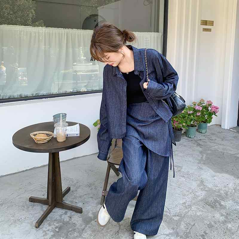 セットアップ 大人 上品 高級 おしゃれ デニム　スタイル　レディース　 高級 デニムシャツ ワイド レッグ パンツ スーツ スリーピーススーツ レディースの ホット シック ユニークな レイ ヤード ウエスト ベルト｜バランスケア　店
