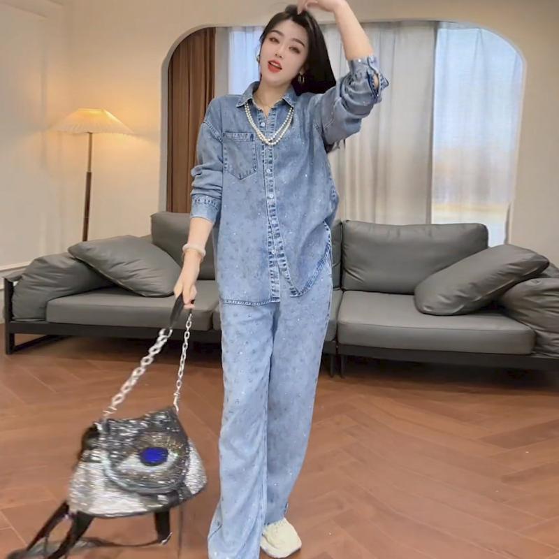 セットアップ 大人 上品 高級 おしゃれ デニム　スタイル　レディース　 レトロ カジュアル ファッション スーツ 女性用 2025 春の 高級 ブルー デニムシャツ ワイド レッグ パンツの ツーピース｜バランスケア　店