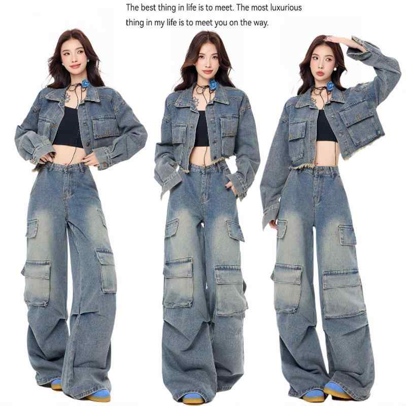 セットアップ 大人 上品 高級 おしゃれ デニム　スタイル　レディース　 韓国 系 アメリカ 人の レトロ ホットティー ワークウェア デニムスーツ ショート ジャケット ハイウエスト ワイド レッグ パンツ ツーピース スーツ
