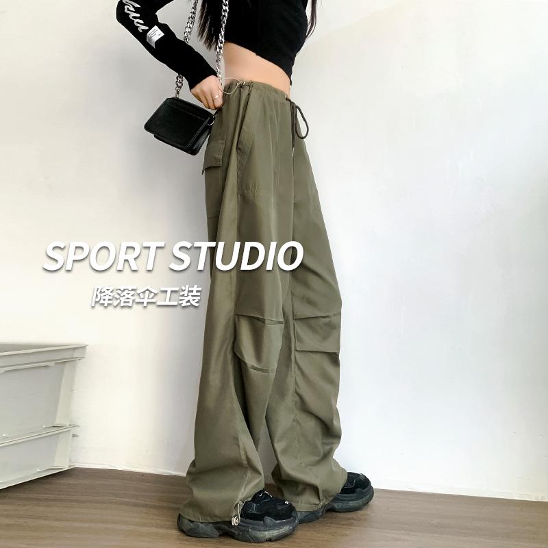 カジュアル おしゃれ 無地 ストレッチ カーゴパンツ　メンズ　レディース アメリカン パラシュート オーバー オール レディース 春秋 2025 ハイウエスト ワイド レッグ カジュアル アウトドア 登山 レトロ スポーツ パンツ